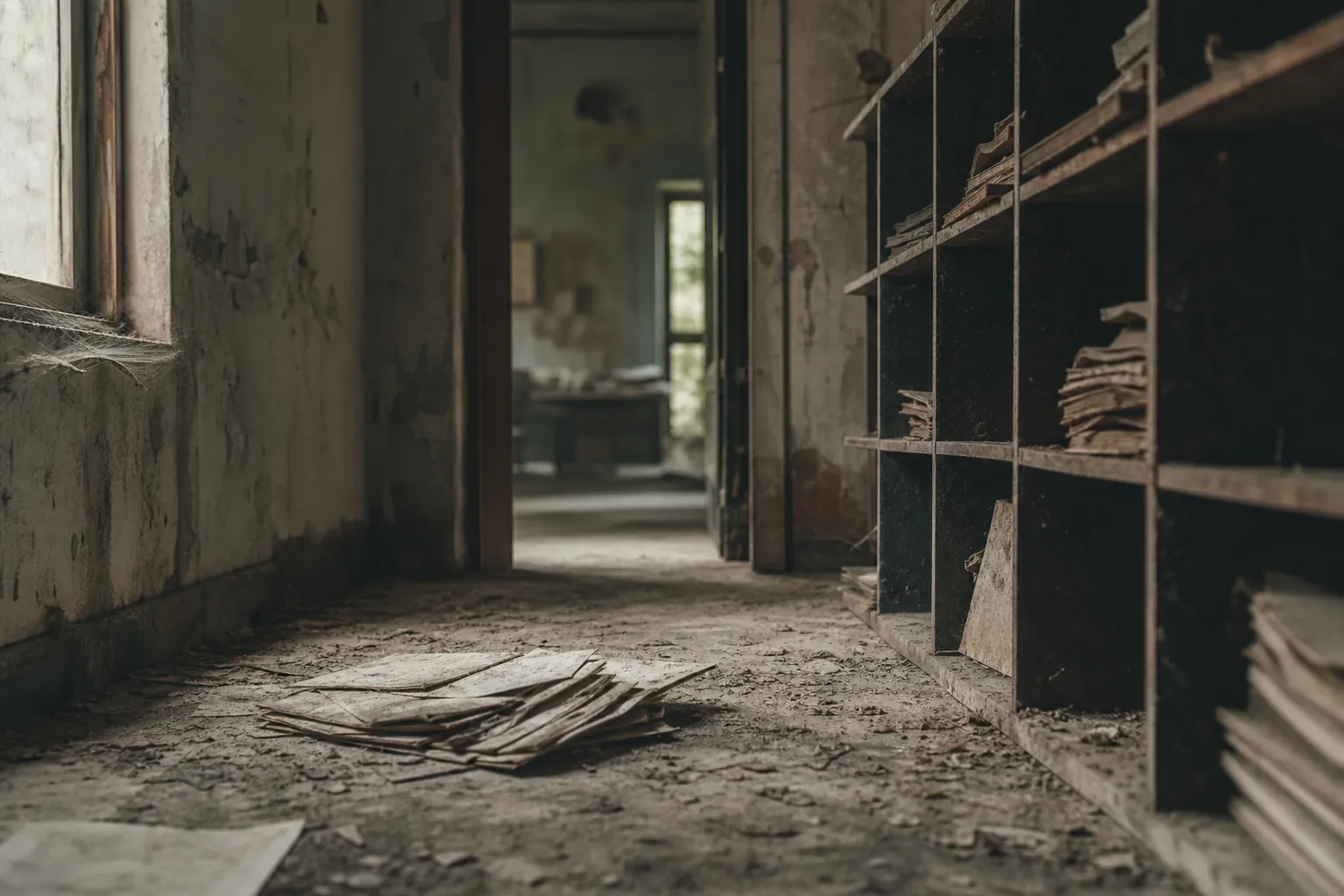 Dusty papers lie on the floor beside document-filled shelves in a decaying, abandoned office corridor.