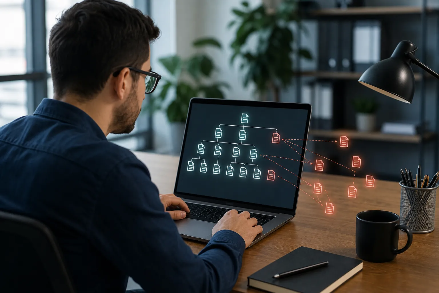 Man at a laptop reviewing a site architecture diagram with disconnected document icons highlighted in red.