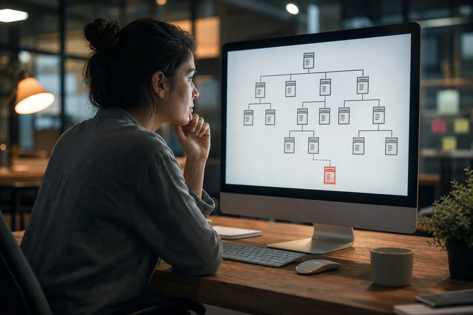 Woman studies a website architecture diagram with one disconnected page highlighted in red on a desktop monitor.