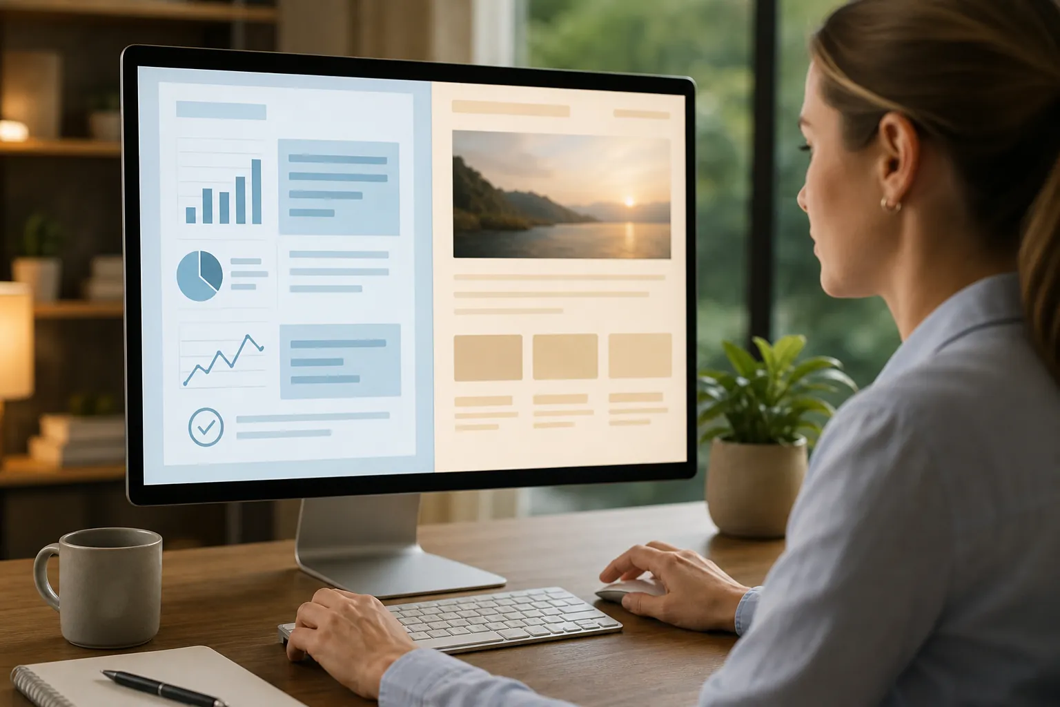 A woman views a desktop monitor displaying blue charts and blocks on the left and a scenic photograph with beige blocks on the right.