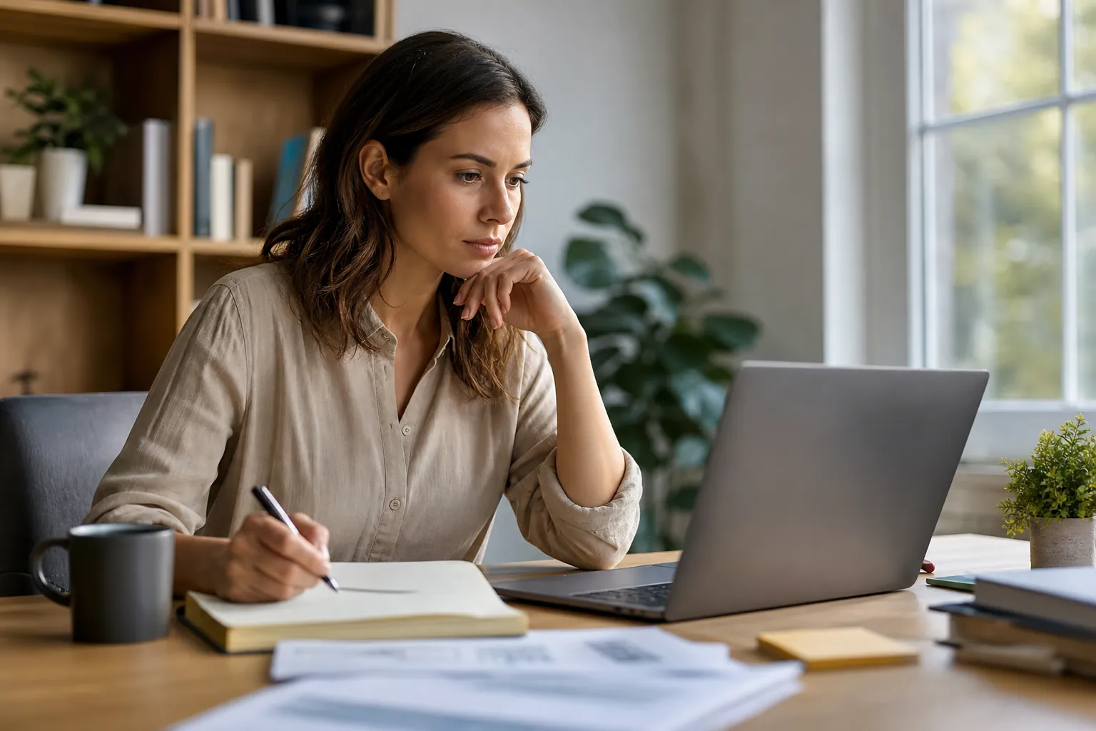 A woman looks at a laptop while holding a pen over an open notebook, with papers, books, and a mug on the desk.