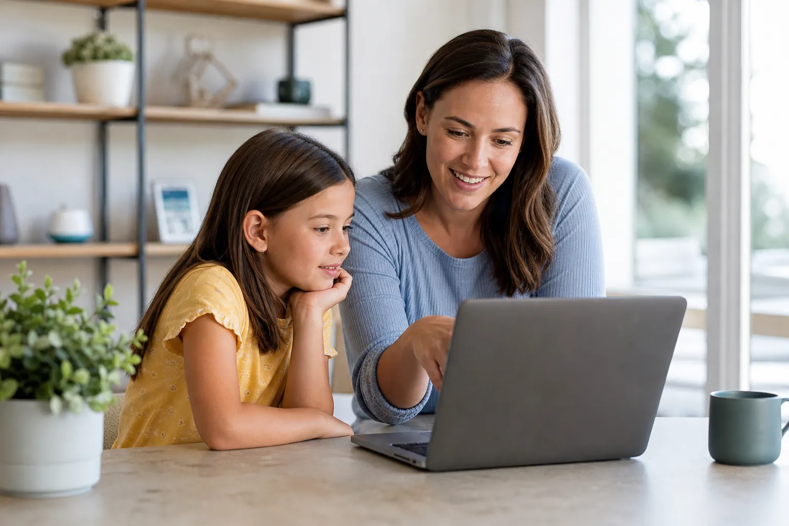 A woman and young girl sit together at a kitchen table while looking at a laptop screen.