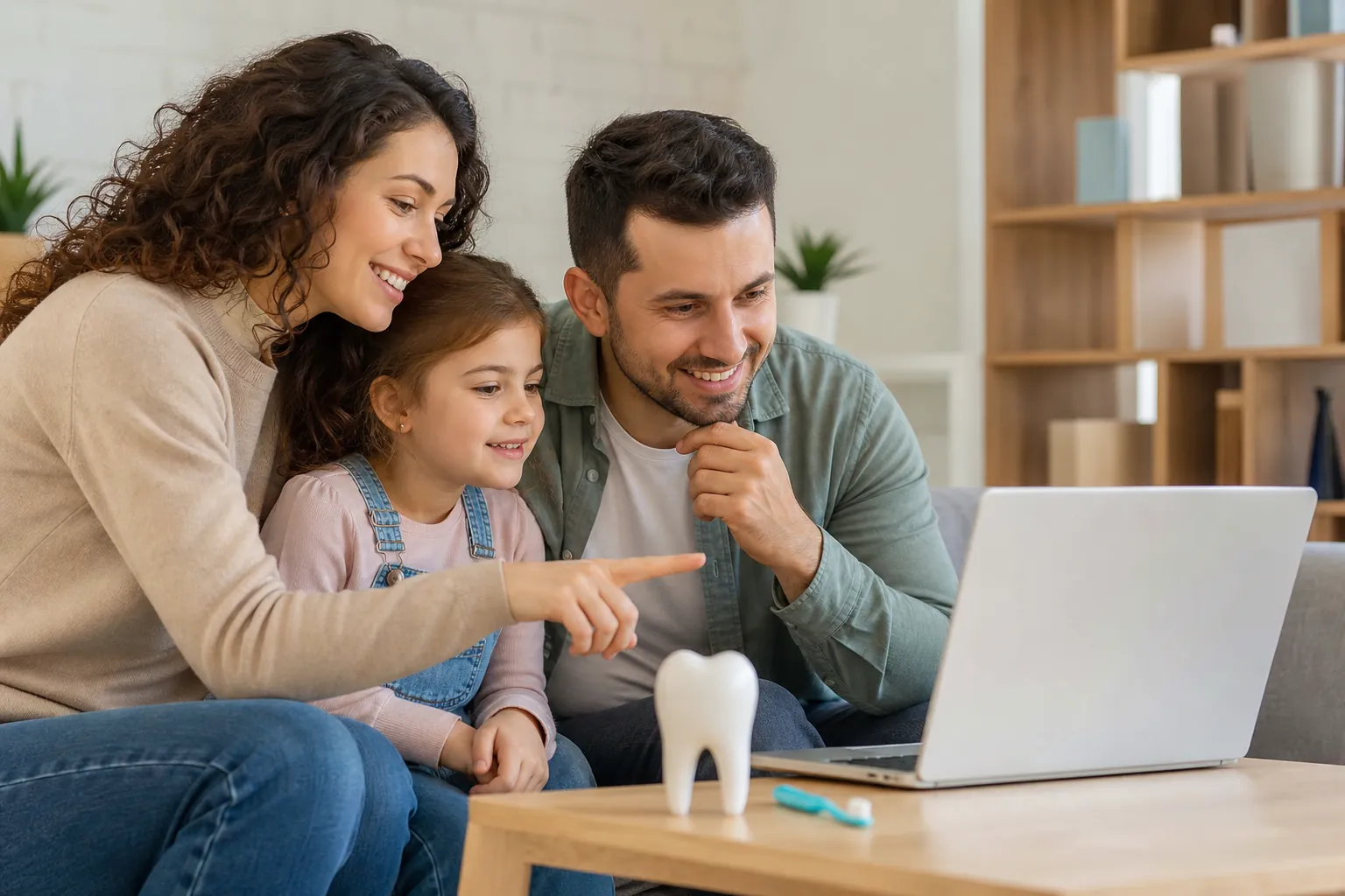Parents and young daughter look at a laptop beside a large tooth model and toothbrush on a table.