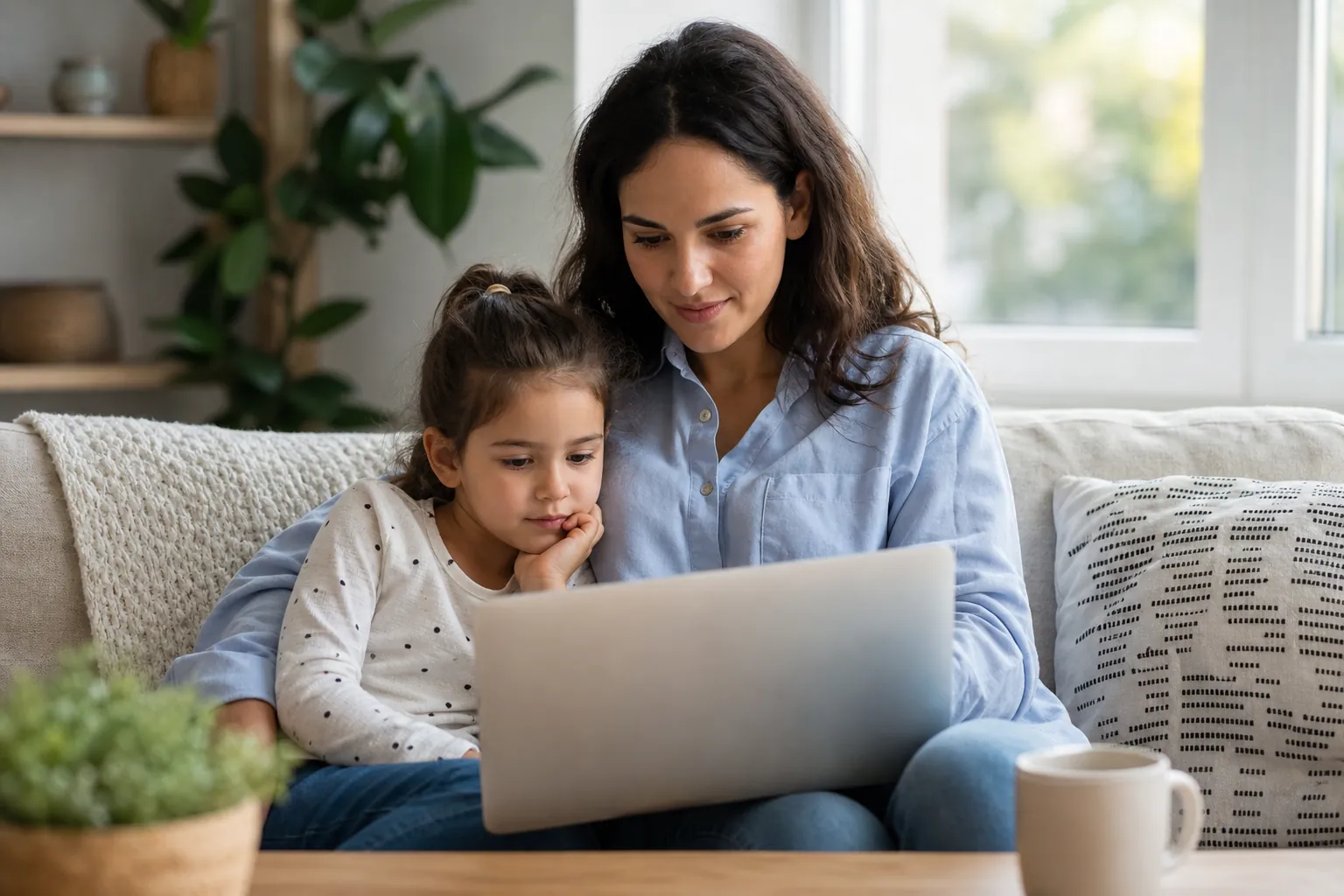 Mother and young daughter sit together on a sofa while looking at a laptop in a bright living room.
