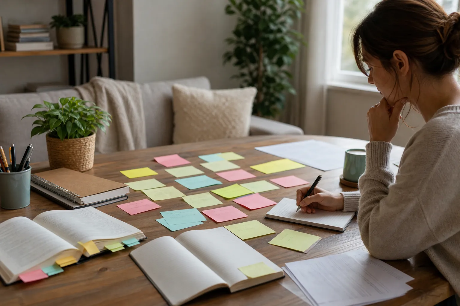 A woman writes in a notebook at a wooden table scattered with colorful sticky notes, open books and loose papers.