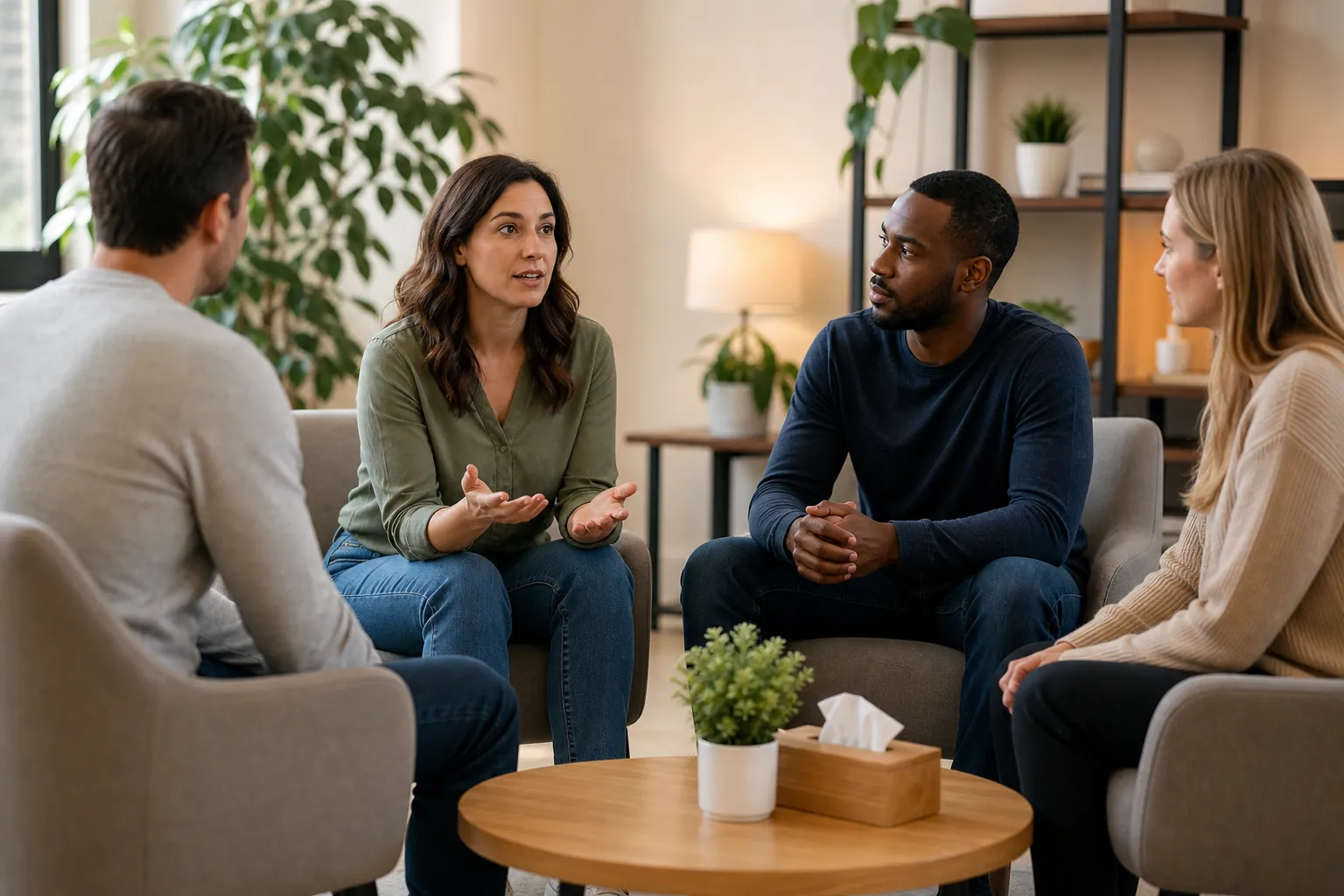Four adults sit facing one another as a woman gestures, with a potted plant and tissue box on a round wooden coffee table.