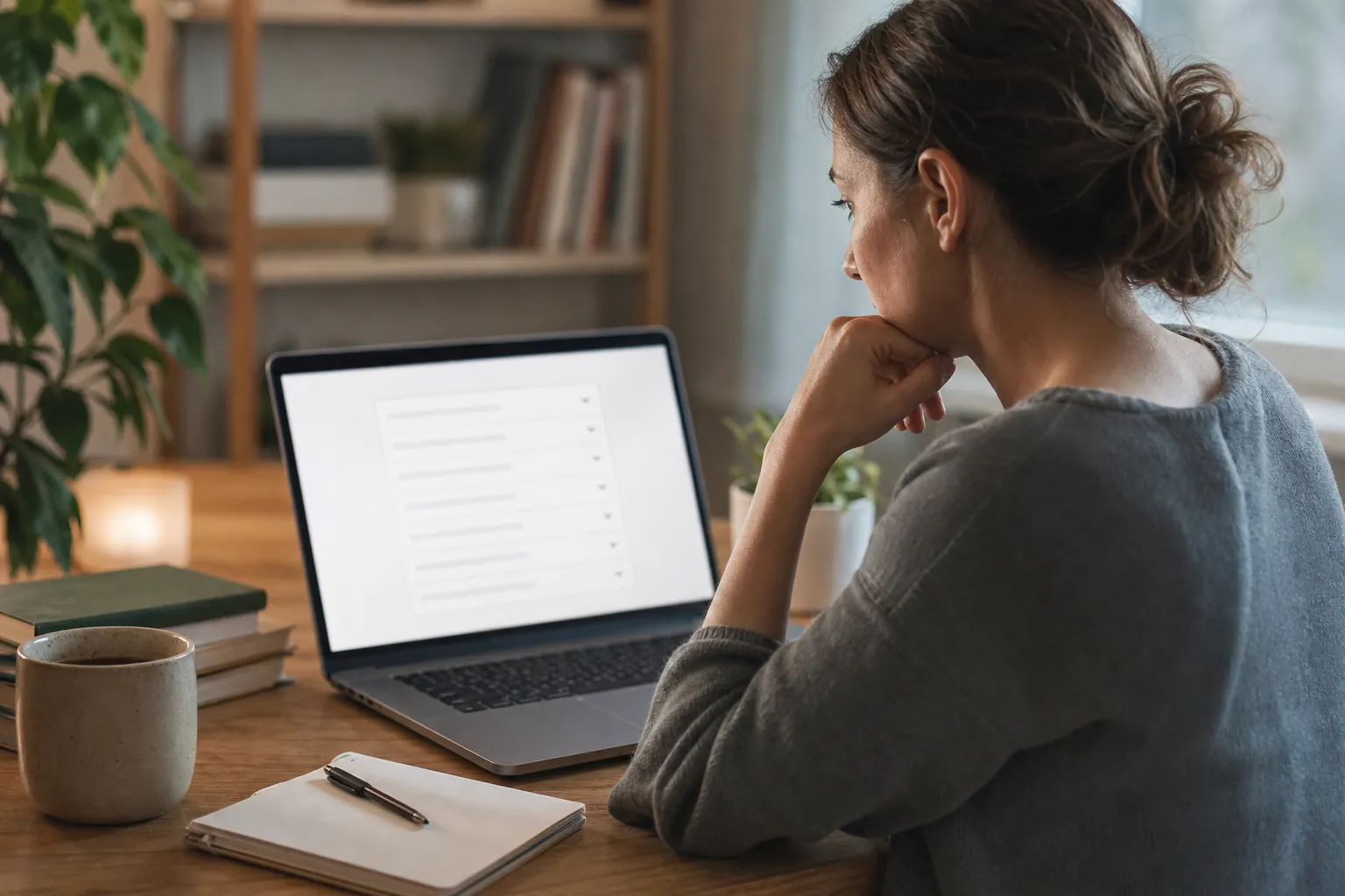 A woman rests her chin on her hand while looking at a laptop displaying blurred rows, beside a mug, stacked books and a notebook.
