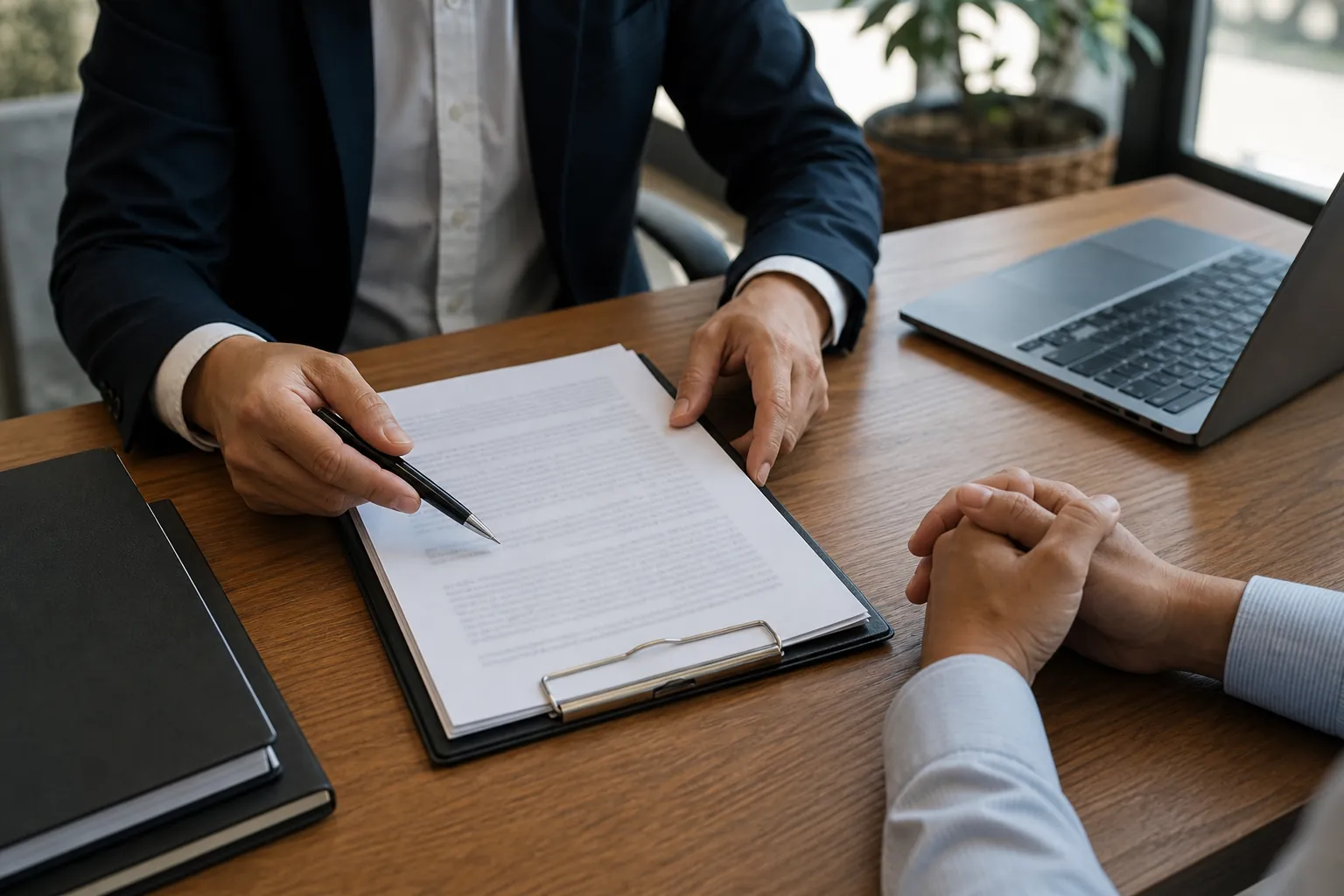 Two people sit across a wooden desk reviewing a document on a clipboard, with a pen, laptop, and stacked folders nearby.