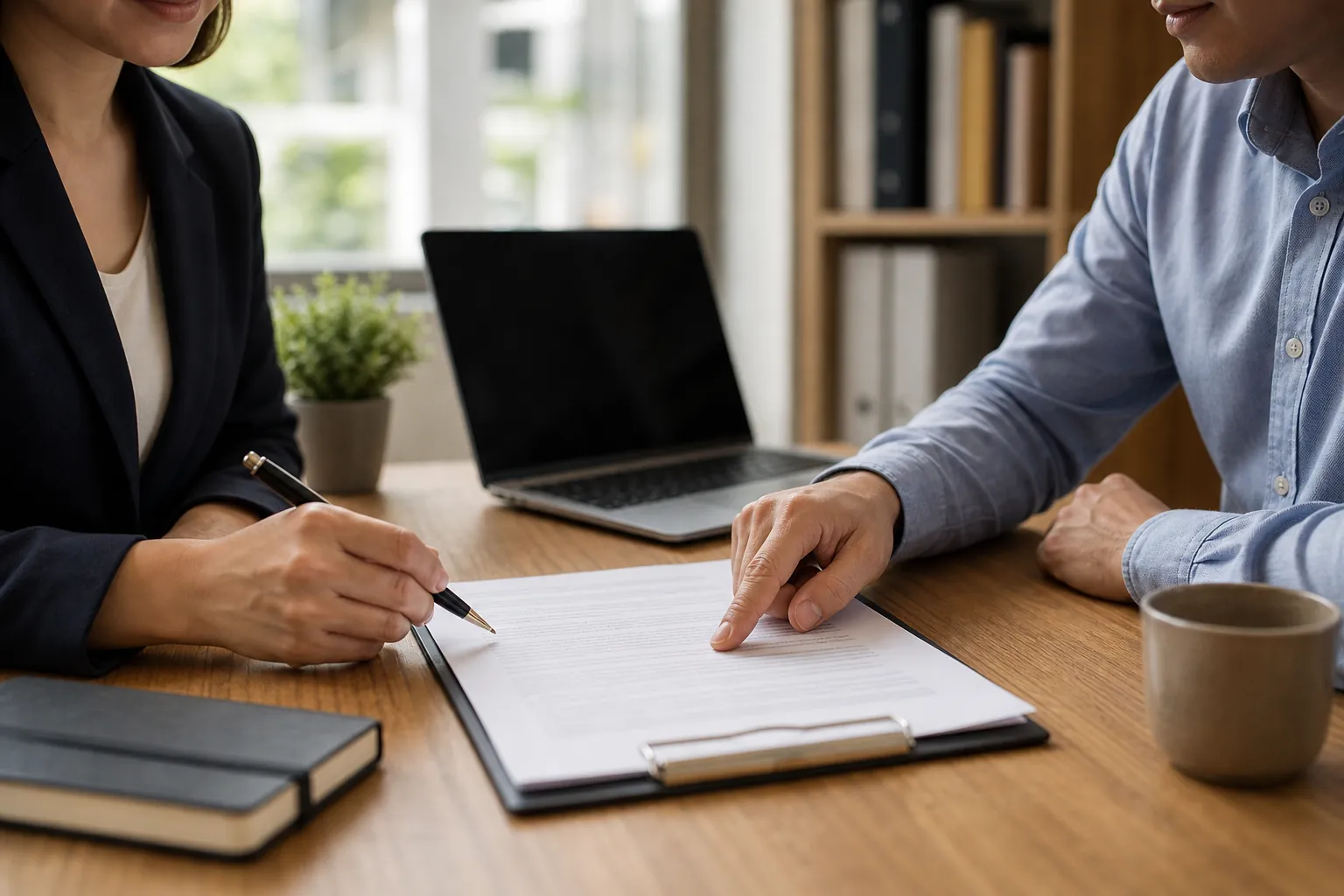 Two people review a document on a clipboard, one holding a pen and the other pointing, with a laptop on the wooden desk.