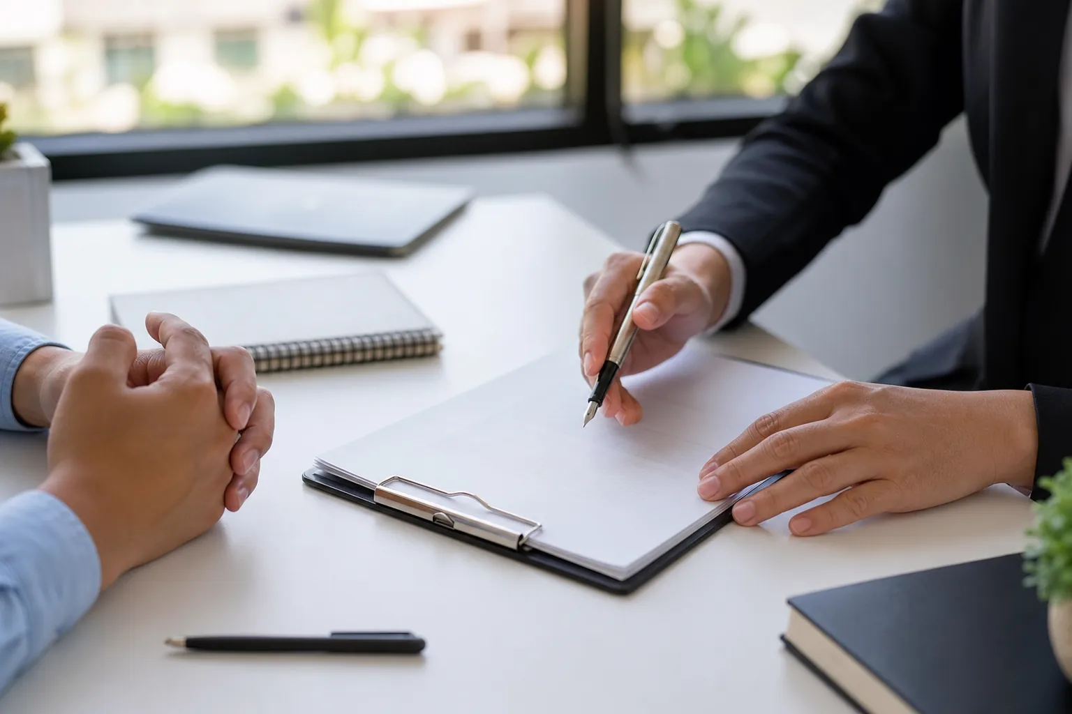 Two people sit across a desk, one holding a pen over blank papers on a clipboard while the other clasps their hands.