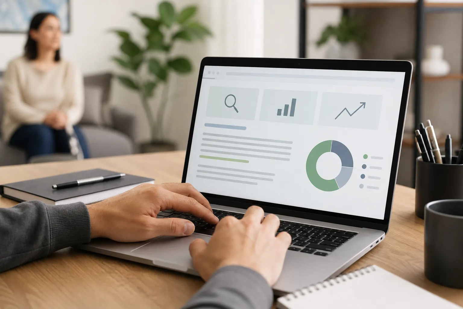 Hands typing on a laptop displaying search and analytics graphics, with a woman seated on a sofa in the background.
