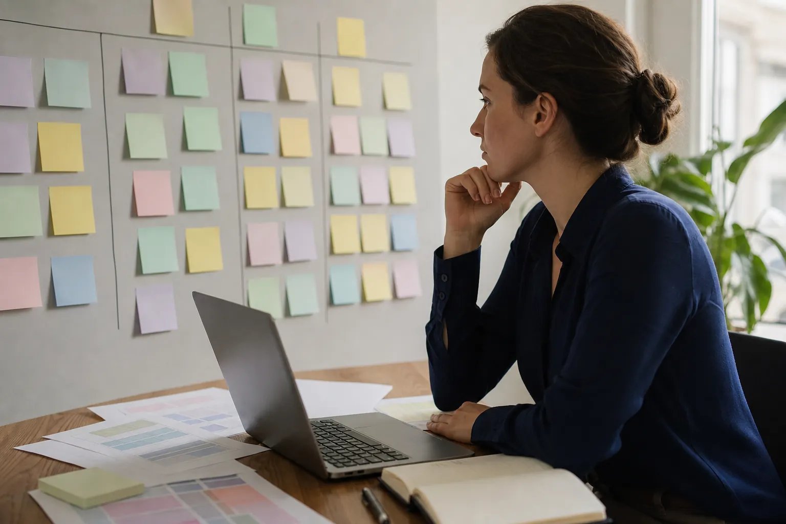 Woman Reviewing a Sticky Note Planning Board Woman at a desk with a laptop, printed charts and an open notebook studies pastel sticky notes arranged on a wall.