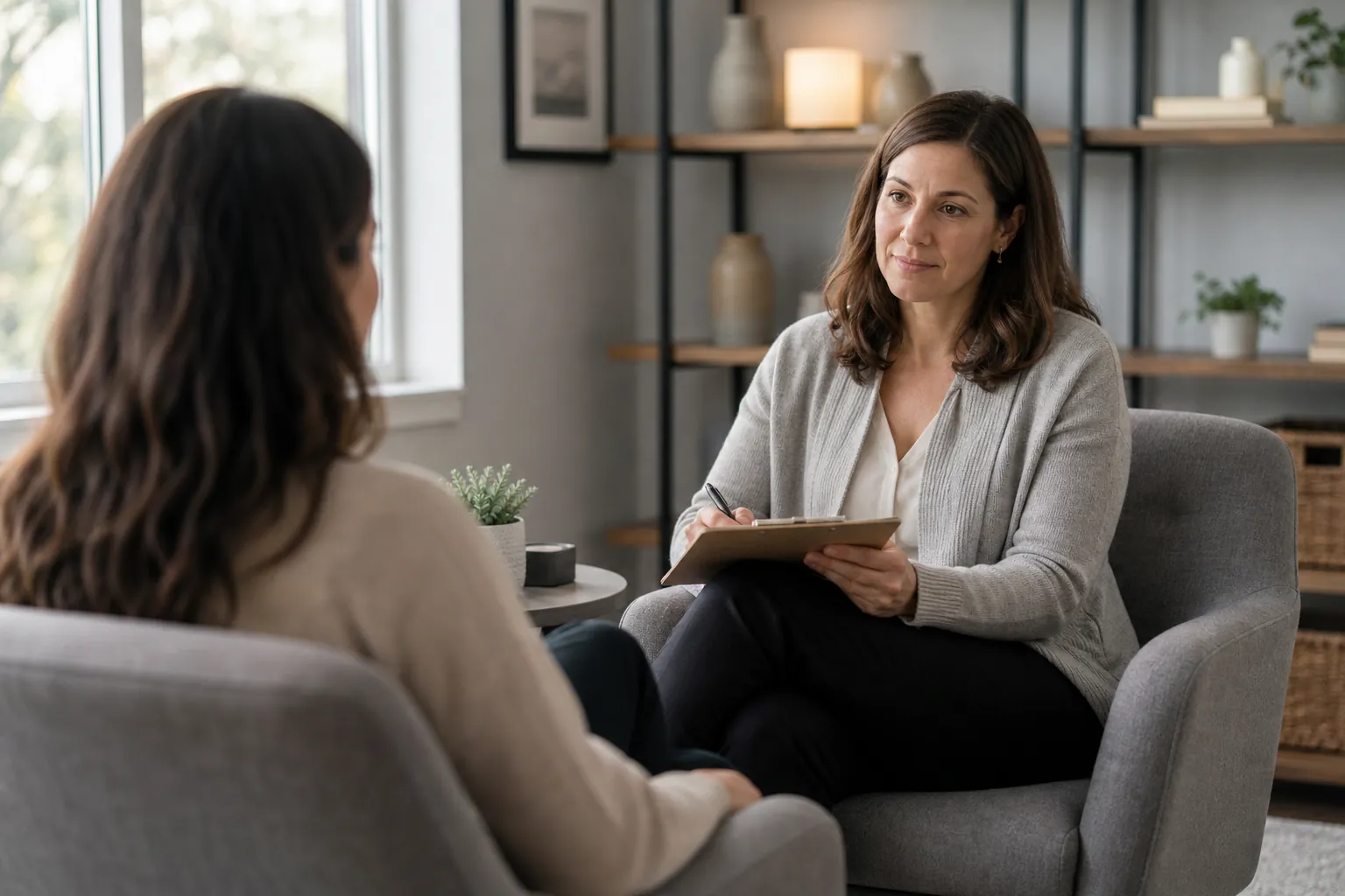 Therapy Conversation in a Comfortable Office A woman holding a clipboard and pen listens to another woman seated opposite her in a softly lit office.