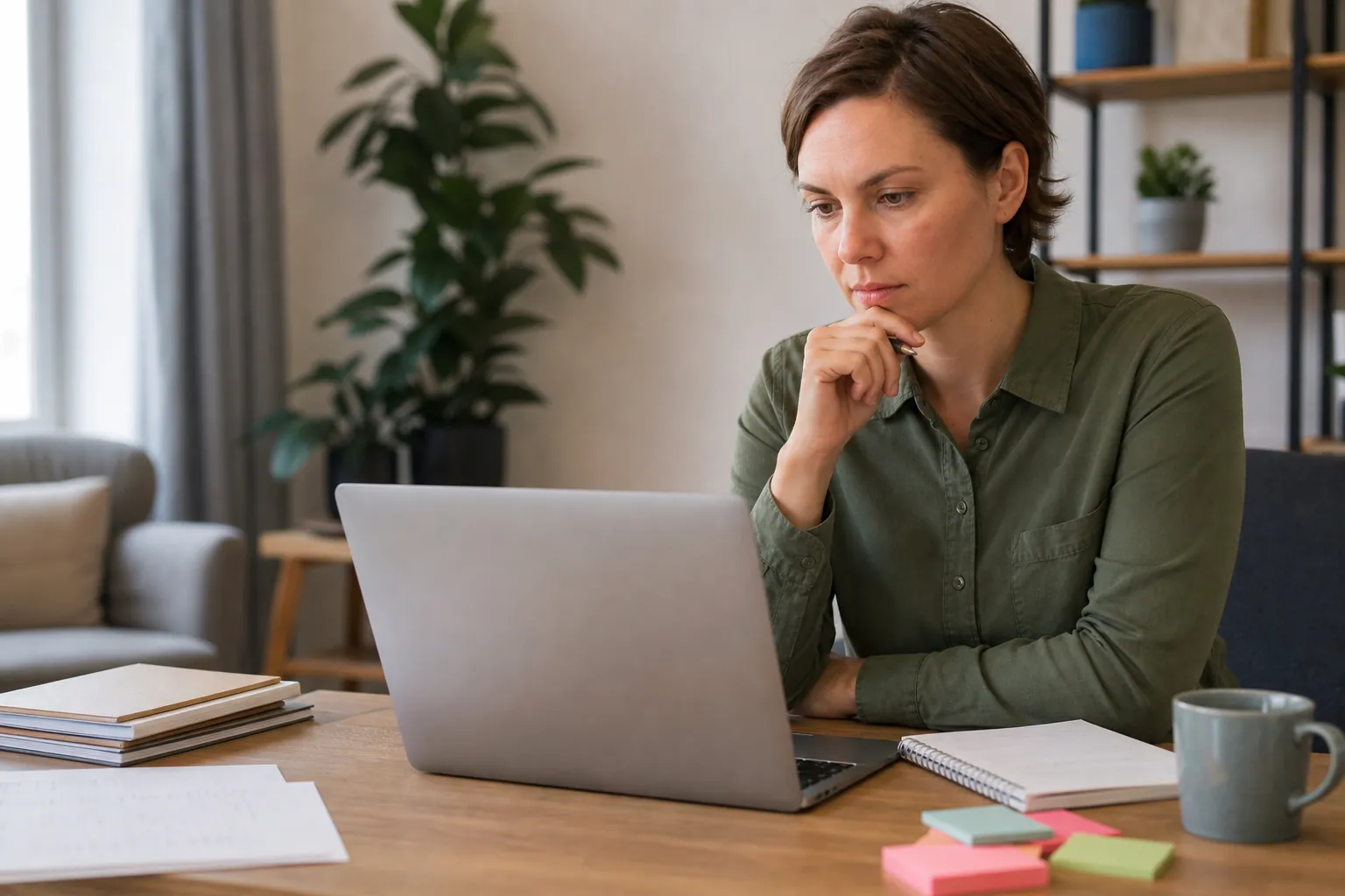 A woman rests her hand beneath her chin while viewing a laptop at a desk with notebooks, sticky notes, and a mug.