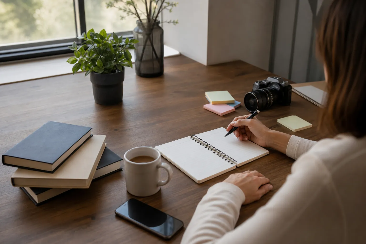 Notebook and Planning Supplies on a Wooden Desk A person holds a pen over an open notebook at a wooden desk with books, coffee, sticky notes, a camera, and a phone.