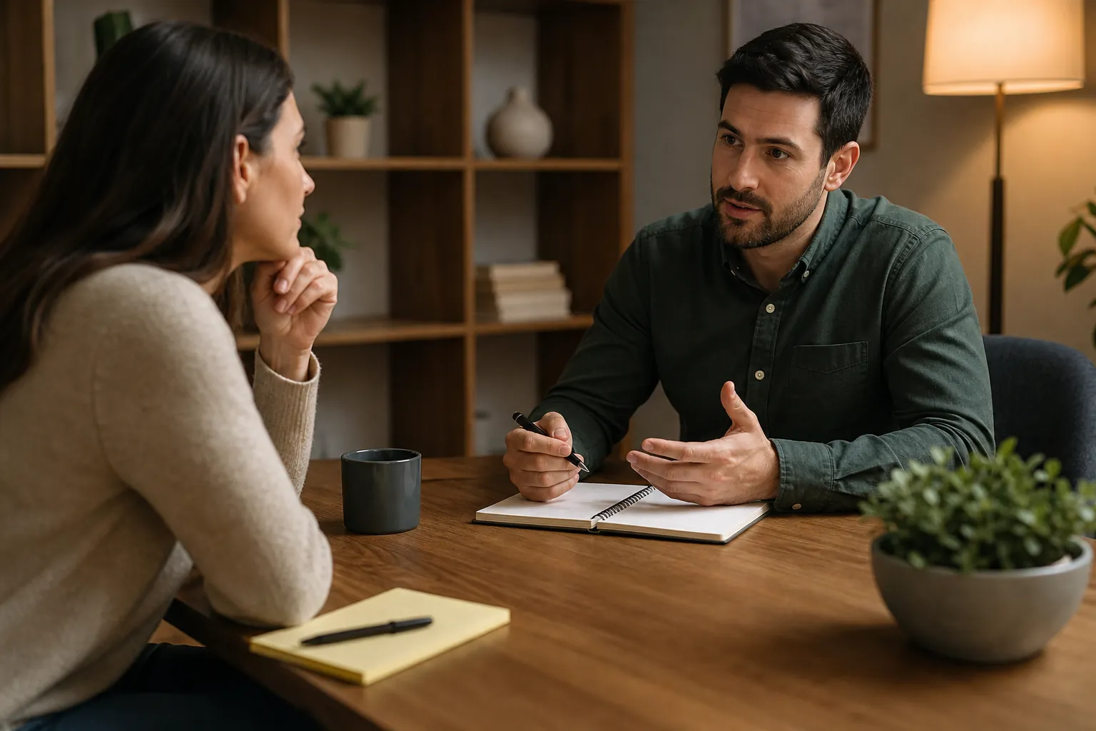 One-on-One Conversation With Open Notebooks A man holding a pen gestures over an open notebook while a woman listens across a wooden table in a warmly lit office.