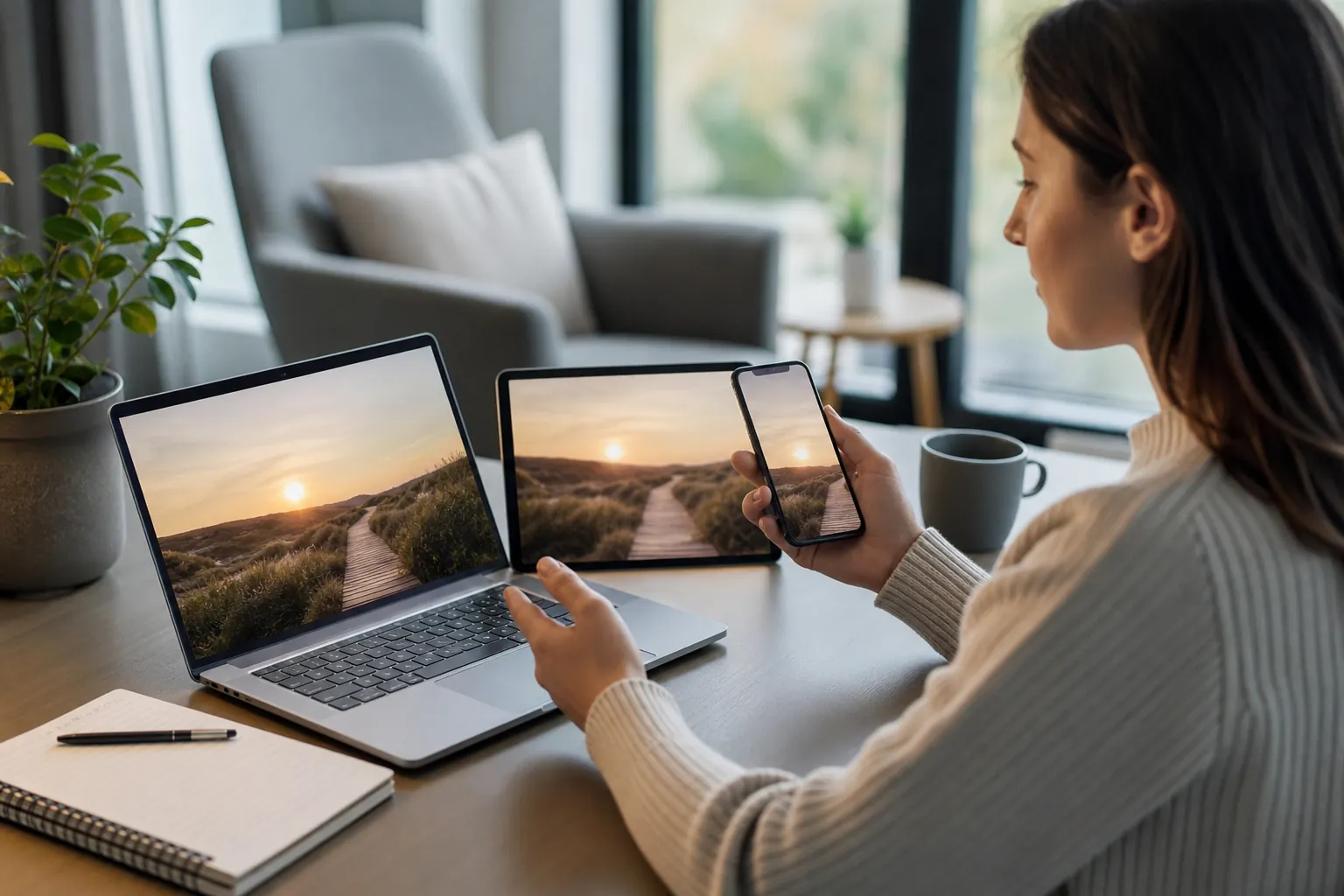 A woman at a desk views the same sunset boardwalk scene on a laptop, tablet, and smartphone beside a notebook and mug.