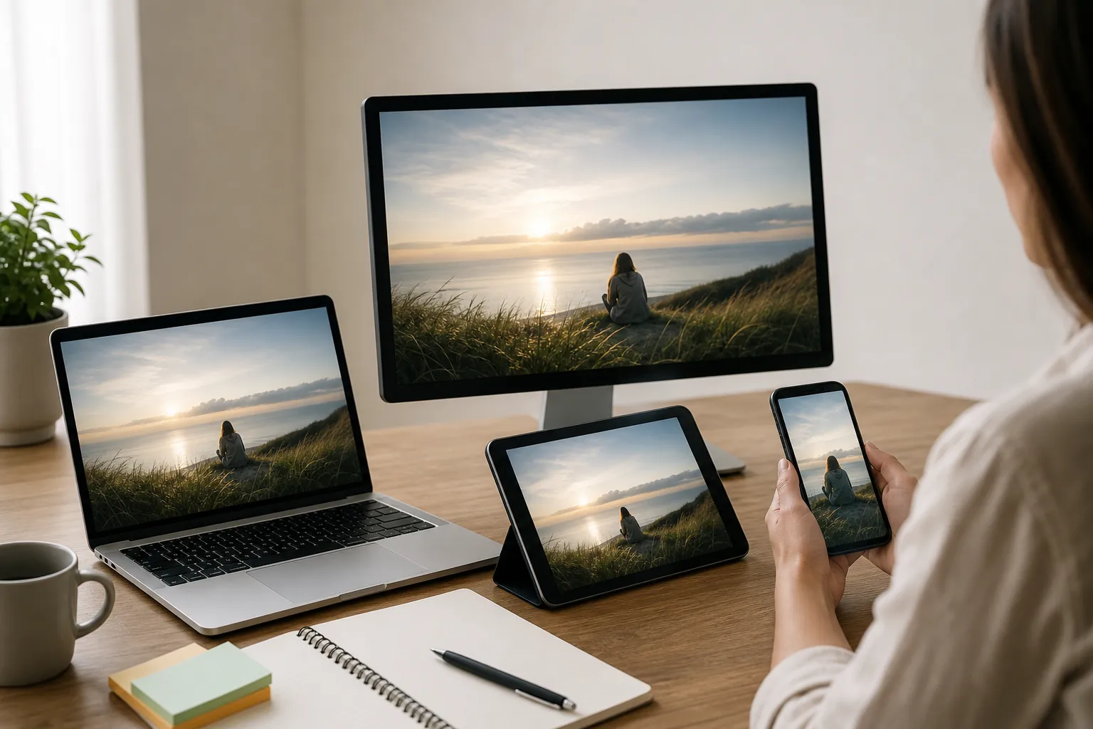 A woman holds a smartphone beside a laptop, tablet, and desktop monitor, all displaying a person seated by the sea at sunset.