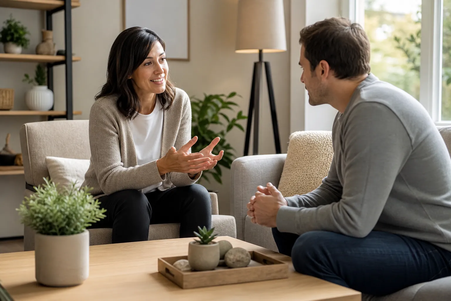 A smiling woman gestures while talking with a man seated opposite her in a bright room with plants and a coffee table.