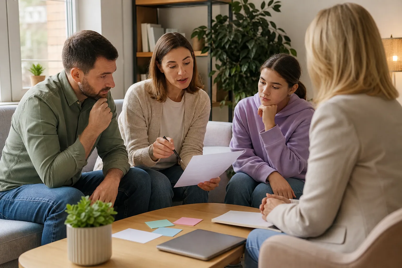 Two adults and a teenage girl review a sheet of paper with a seated woman across a coffee table with sticky notes and a tablet.