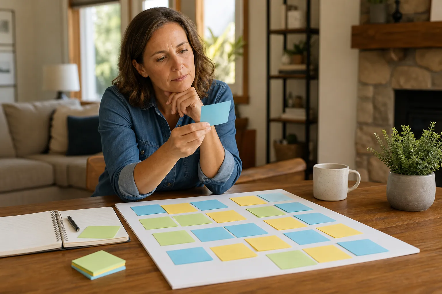 A woman studies a blue sticky note at a wooden table with a board of colorful notes, an open notebook, and a mug.