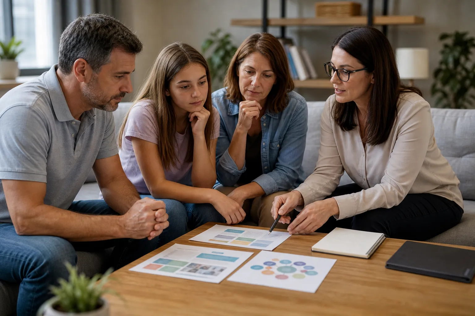 A woman with glasses points to printed charts as a man, a teenage girl, and another woman gather around a coffee table.