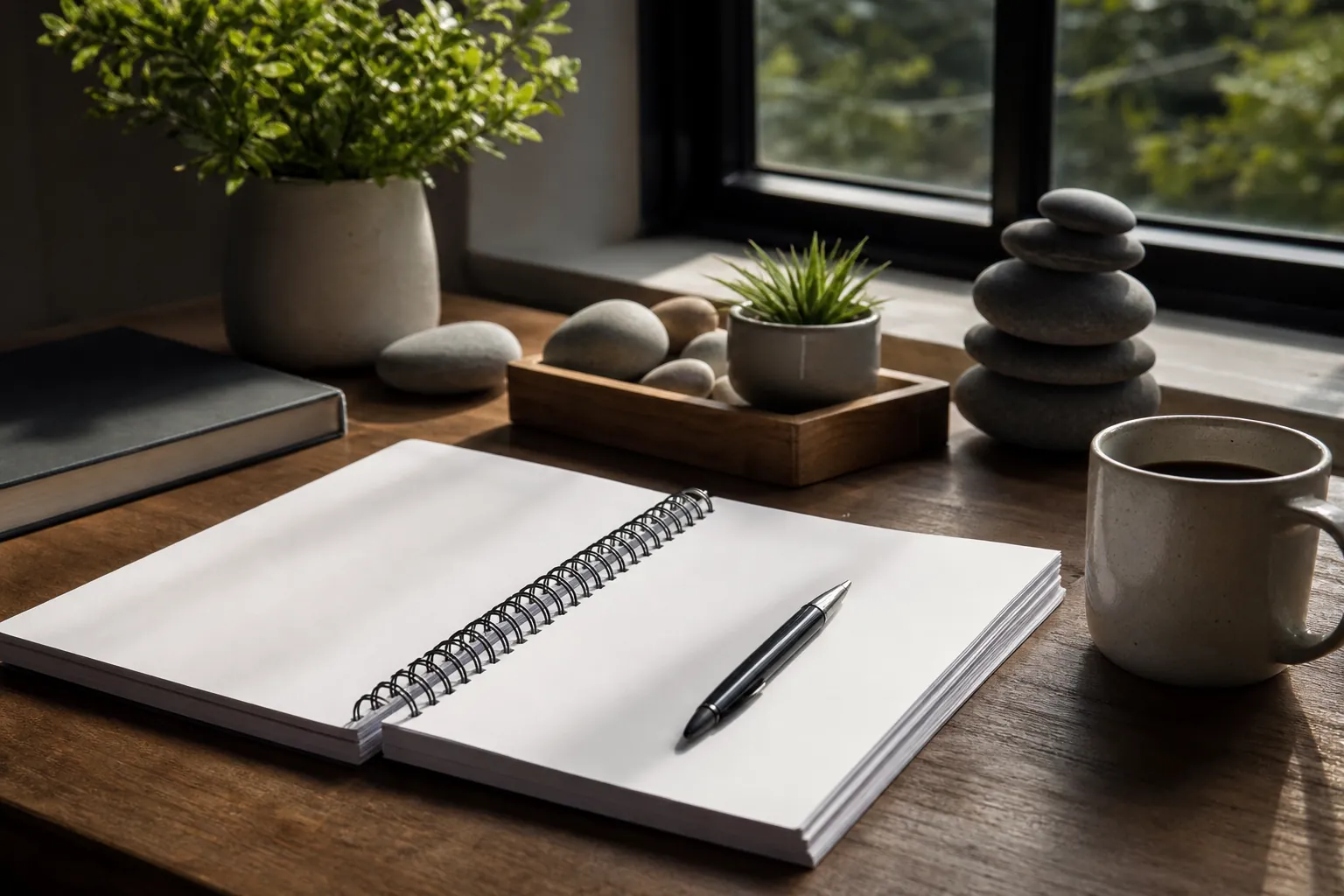 An open blank spiral notebook and pen on a wooden desk beside a coffee mug, potted plants, and stacked stones near a window.