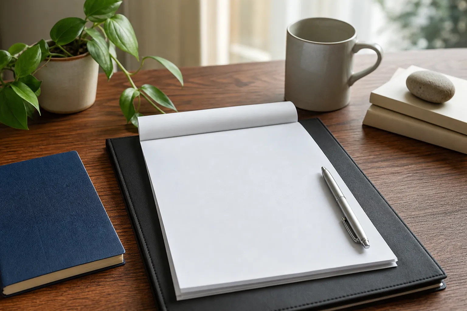 A blank notepad and silver pen rest on a black portfolio on a wooden desk beside books, a gray mug, and a potted plant.