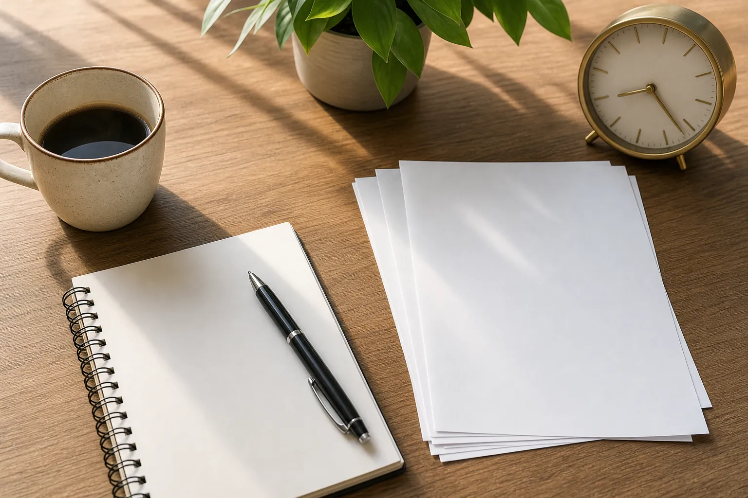 A blank spiral notebook with a pen, stacked blank papers, coffee, a potted plant, and an analog clock on a sunlit wooden desk.