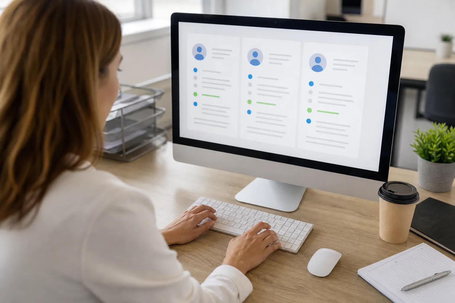 Woman typing at a desk while viewing three contact profile cards on a desktop monitor, with a notebook and coffee nearby.