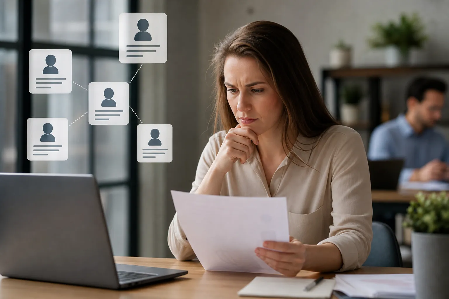 Reviewing Inquiries With Connected Contact Cards A woman reviews a paper beside a laptop, with five connected contact card graphics floating to her left.