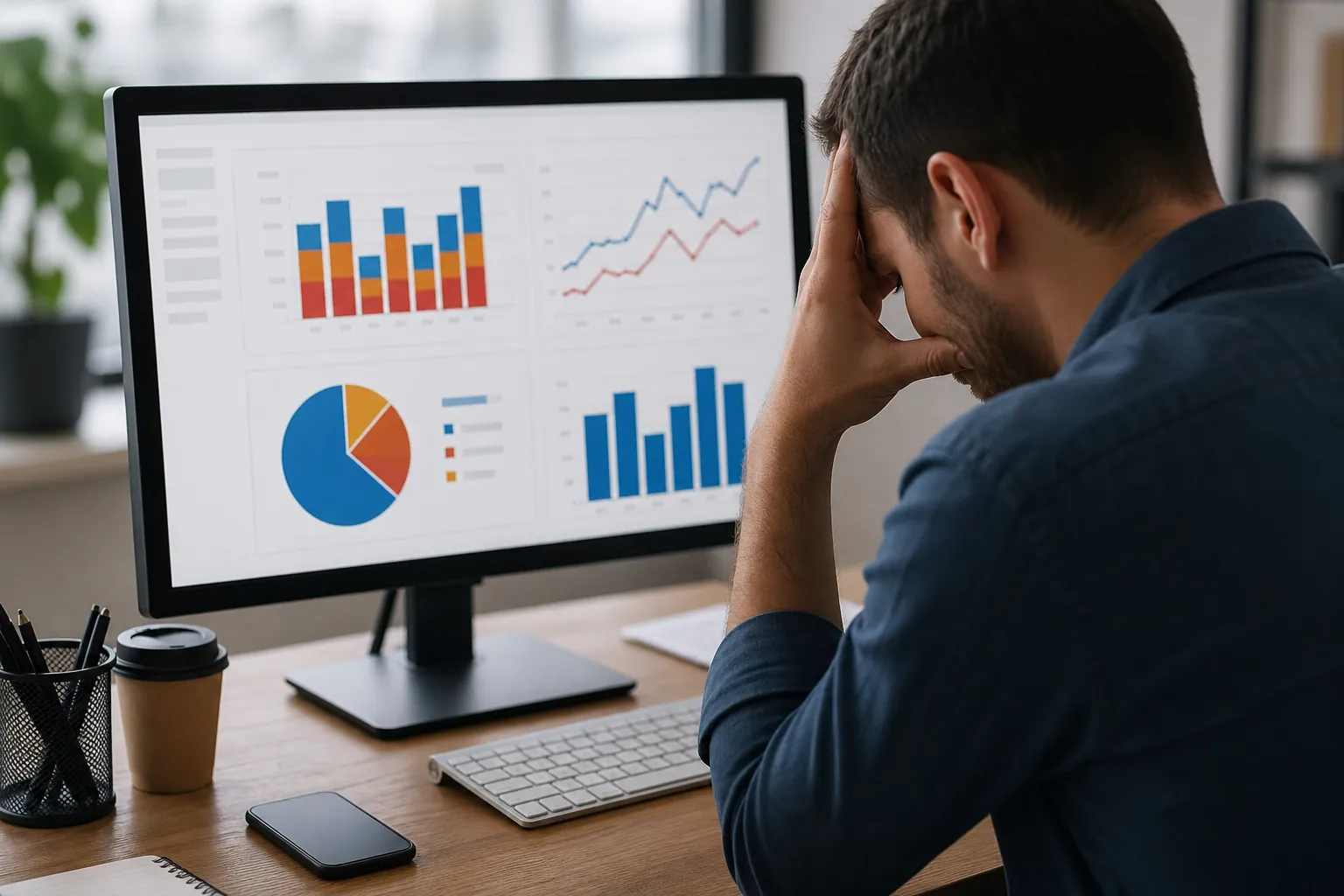 Frustrated Man Reviewing Charts on a Desktop Monitor A man rests his forehead in his hand while viewing bar, line, and pie charts on a desktop monitor at a wooden desk.