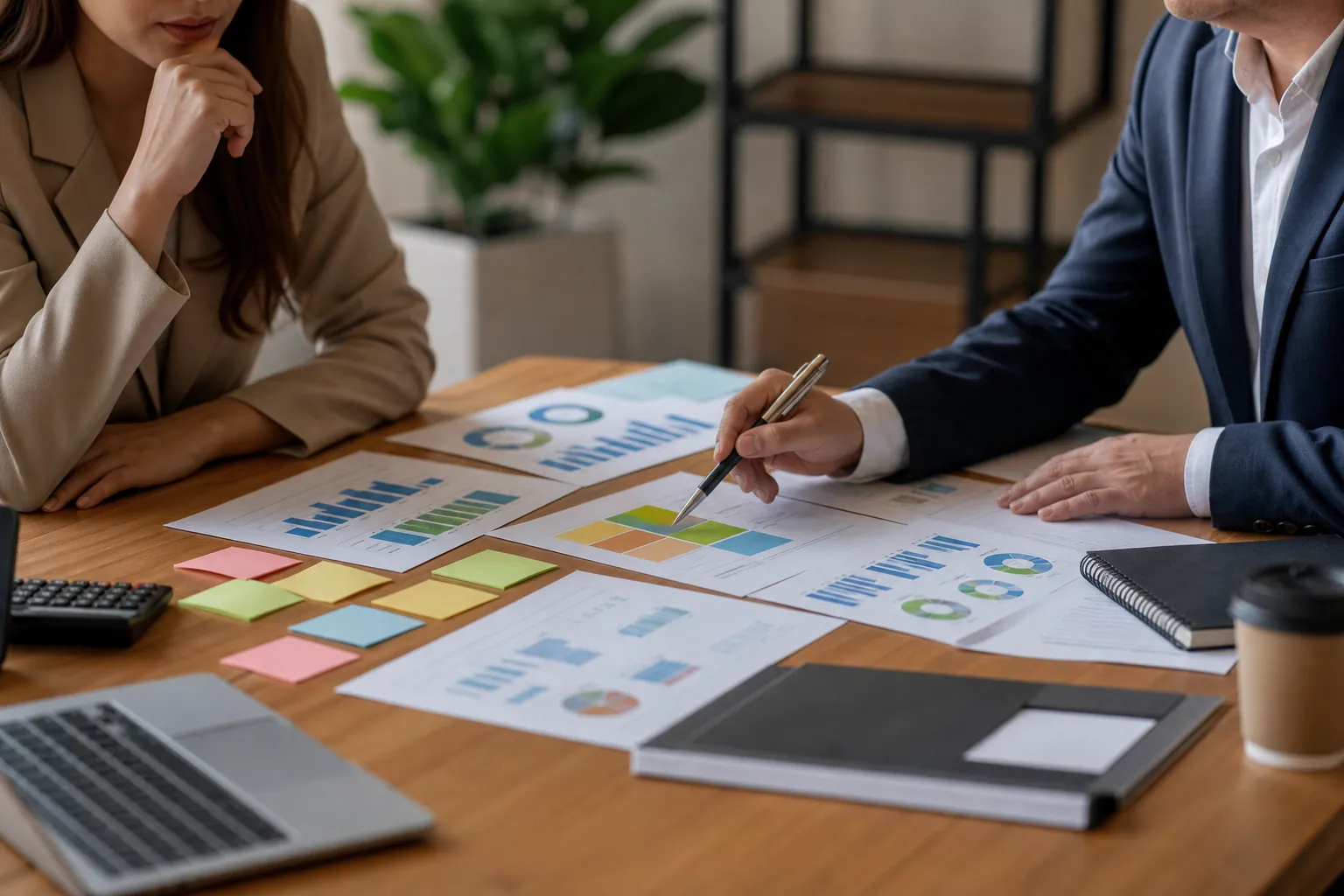 Two business professionals review printed charts at a wooden table with a laptop, calculator, sticky notes, notebooks and coffee.