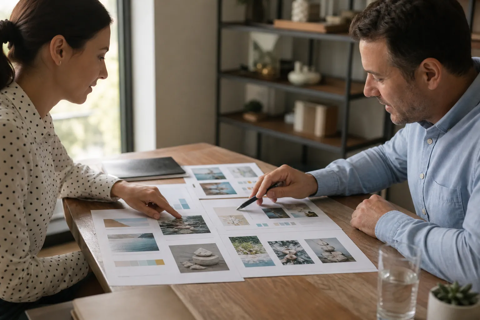 A woman and a man review printed design layouts with photographs and color swatches at a wooden table.