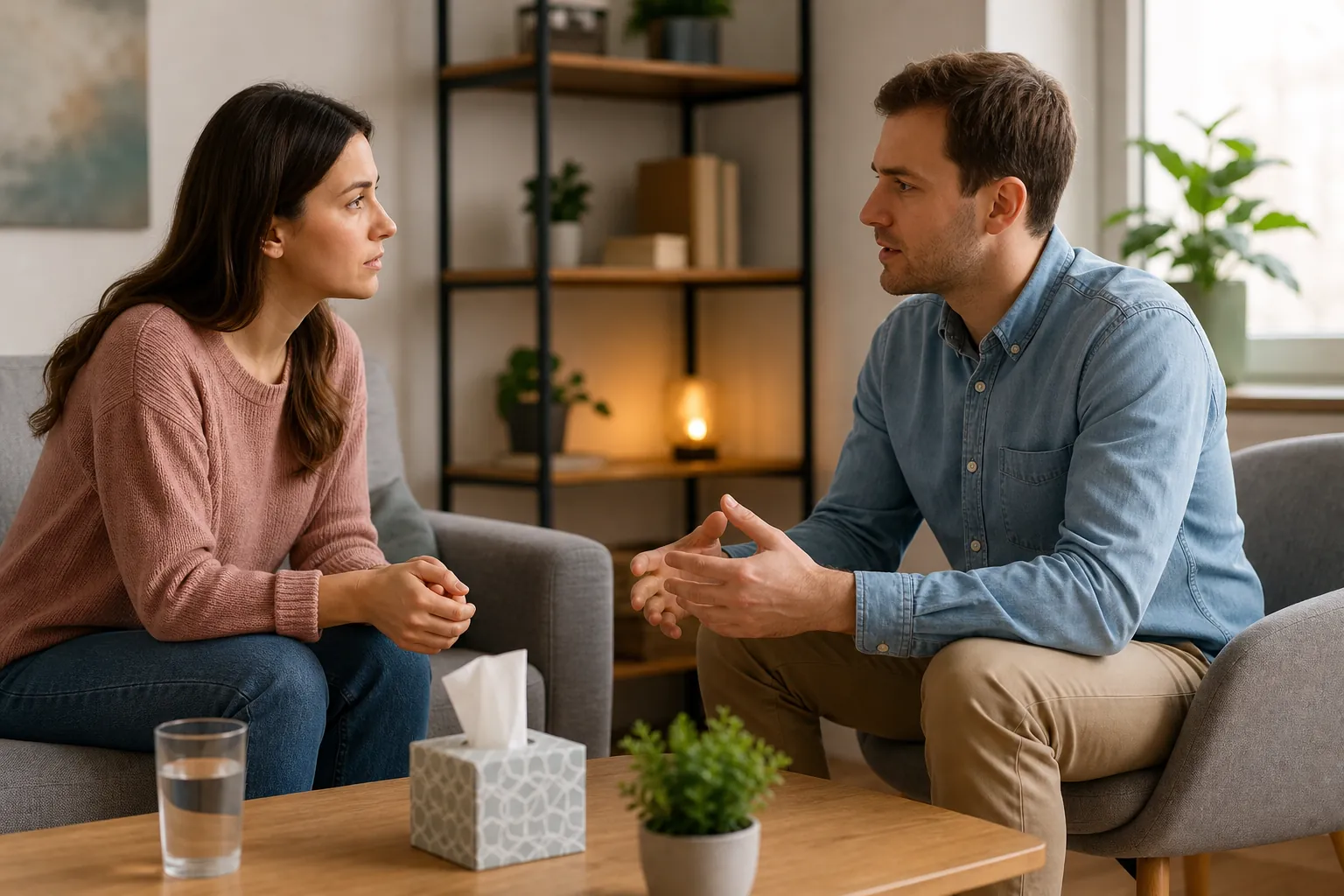 A woman and a man sit facing each other in armchairs, with tissues, a glass of water, and a plant on a coffee table.