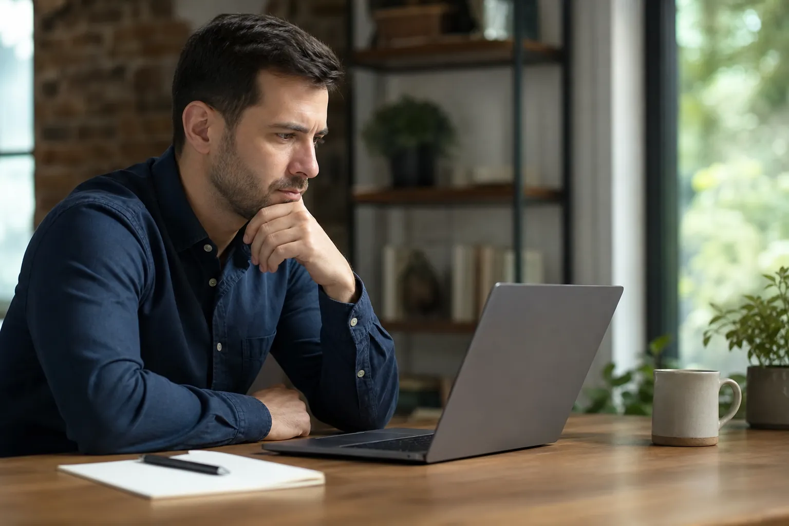 A man in a navy shirt rests his hand against his chin while studying a laptop at a wooden table with a notebook and mug.