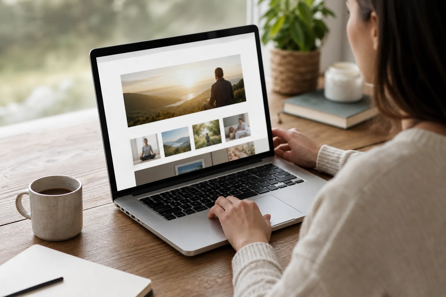 A woman uses a laptop displaying a website with scenic and wellness photos at a wooden desk beside a mug and plant.