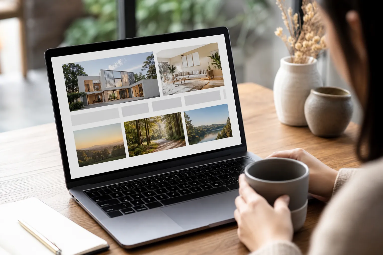 A person holds a gray mug beside a laptop displaying a website layout with building, lounge, forest path, and lake photos.
