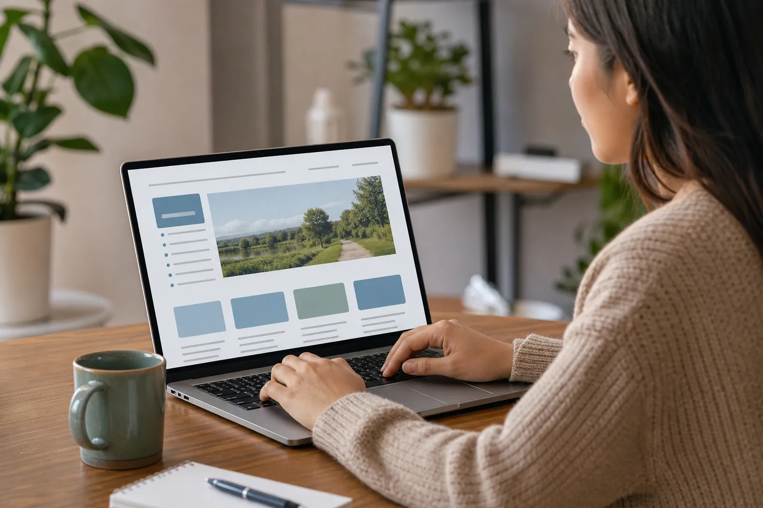 A woman uses a laptop showing a website layout with sidebar navigation, a landscape banner, and four content cards.