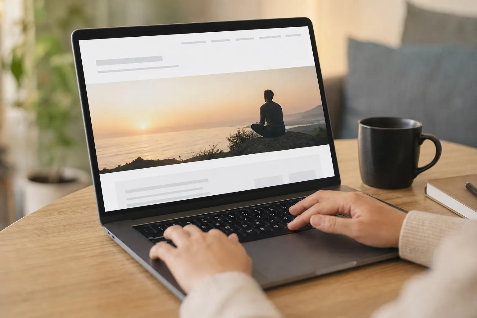 Laptop Webpage With Large Hero Image Loading Person using a laptop displaying a webpage with a large sunset hero image beside a mug and notebook.