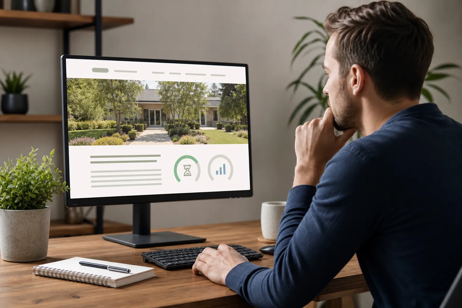 Man reviews a rehab facility website with performance indicators on a desktop monitor at his desk.