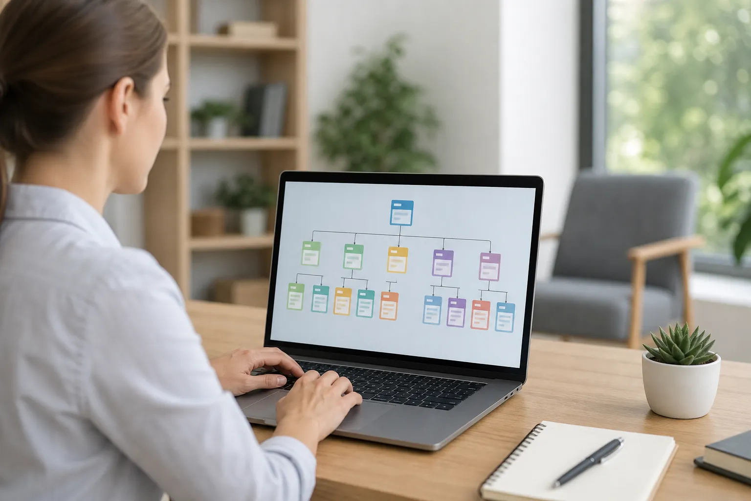 Website Sitemap Hierarchy Displayed on a Laptop Woman using a laptop displaying a colorful website hierarchy diagram at a desk in a bright office.