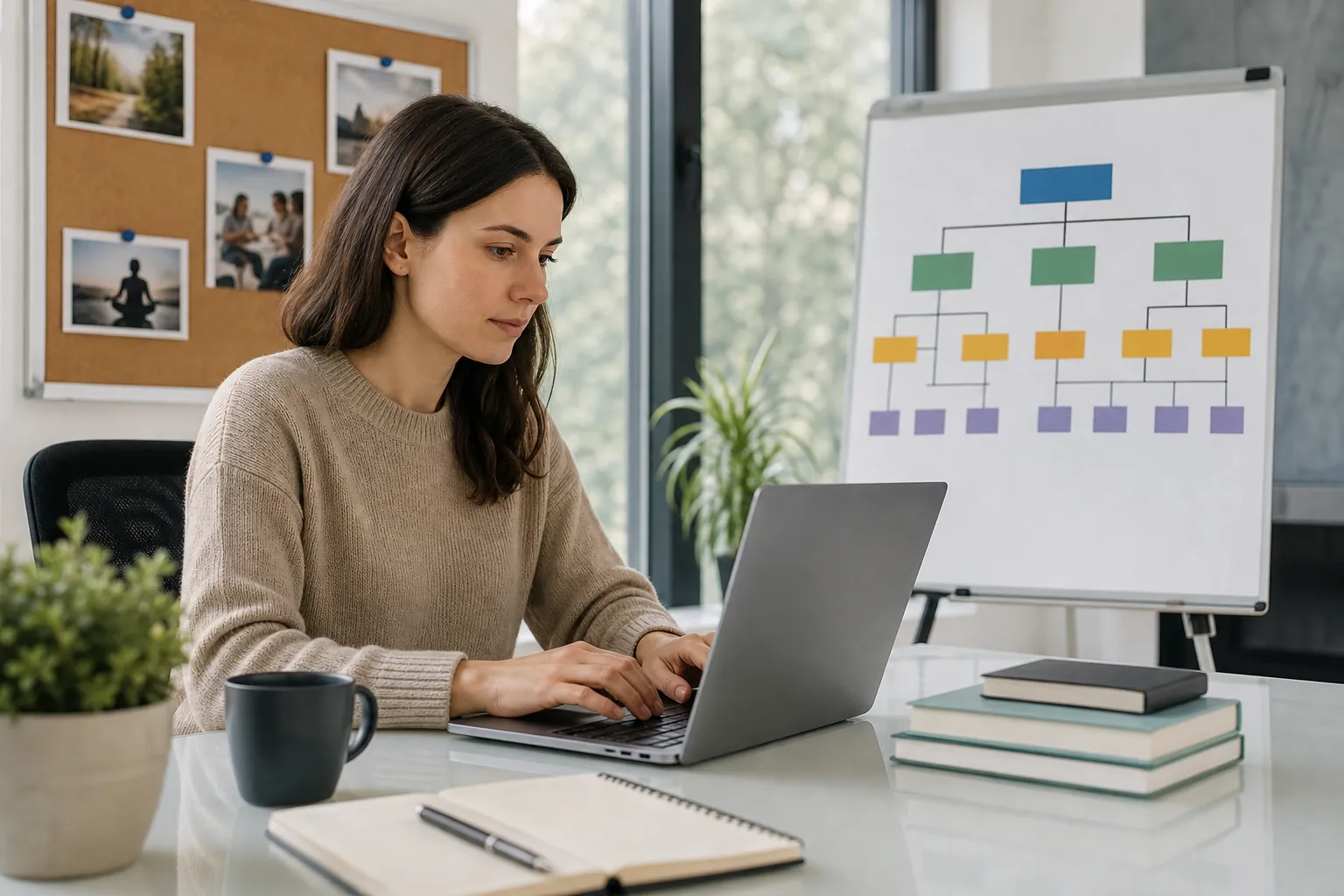 Planning a Website Content Hierarchy for an XML Sitemap Woman working on a laptop beside a whiteboard displaying a color-coded website content hierarchy chart.