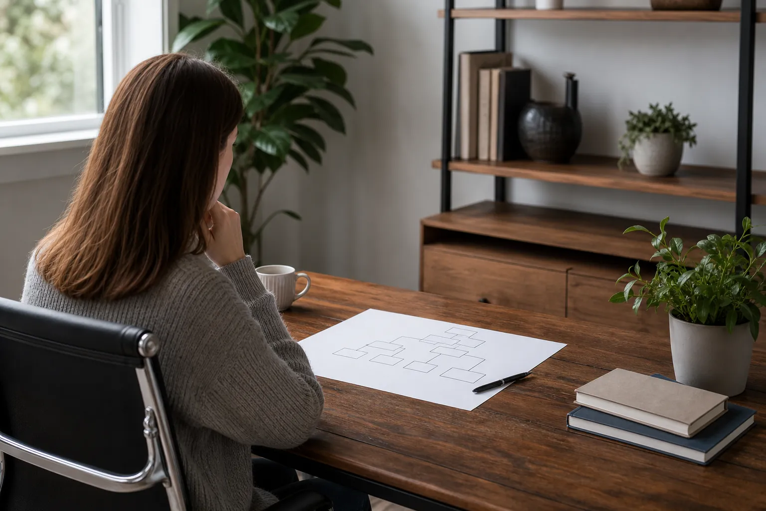 Reviewing a Website Sitemap at a Desk Woman seated at a wooden desk reviewing a hand-drawn website sitemap beside a pen, books, and potted plants.