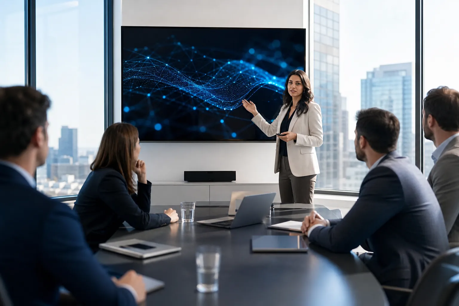 AI Technology Presentation in a Modern Conference Room Businesswoman presents a digital network graphic to colleagues gathered around a conference table in a modern office.