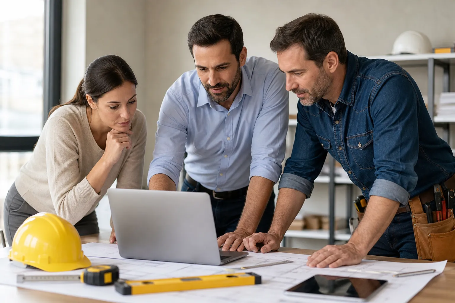 Contractors Reviewing a Laptop and Blueprints Three people review a laptop at a table covered with blueprints, a yellow hard hat, measuring tools, and a tablet.