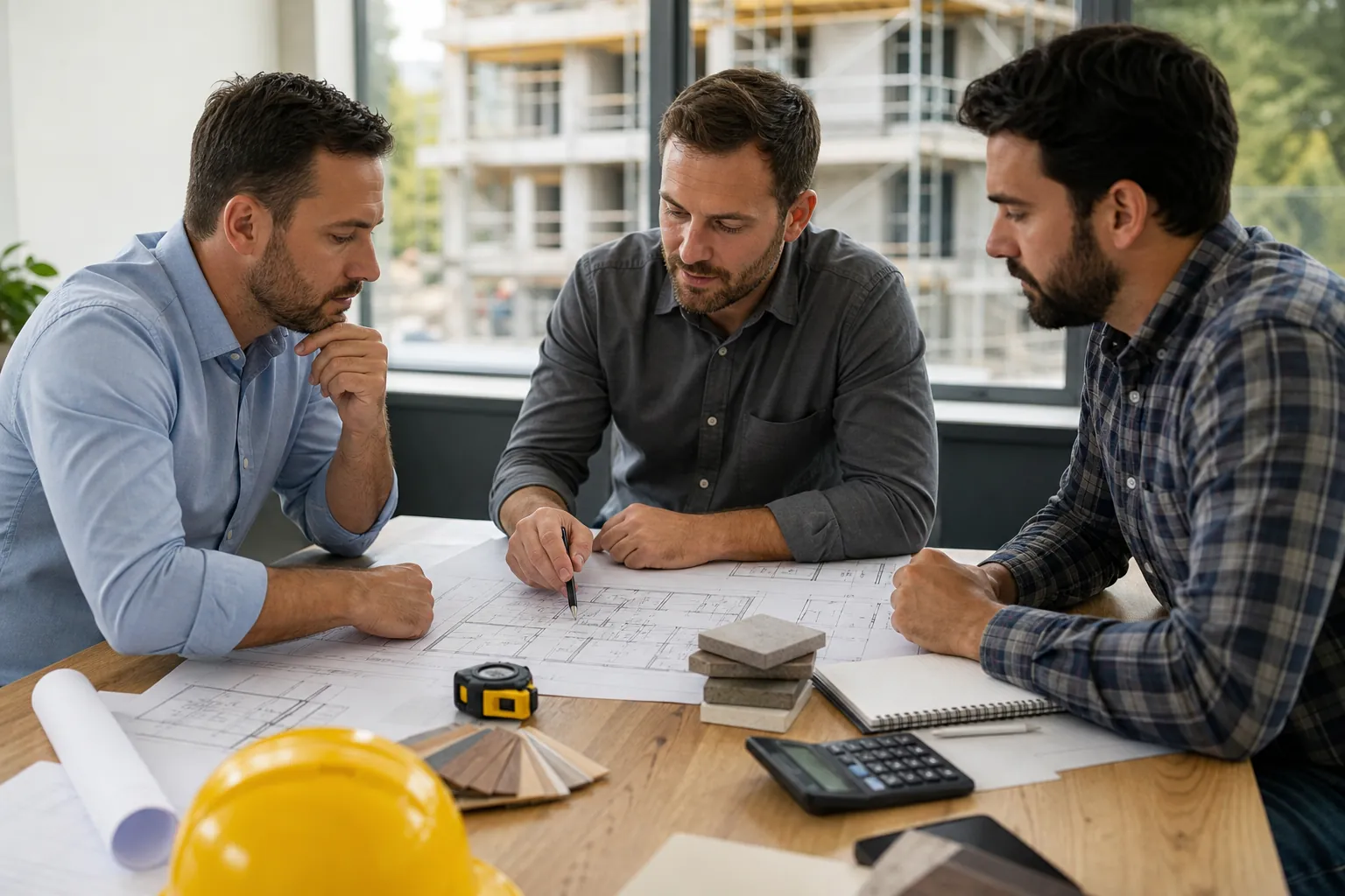 Three Men Reviewing Construction Plans and Materials Three men review construction plans at a table with material samples, a calculator, a tape measure, and a yellow hard hat.