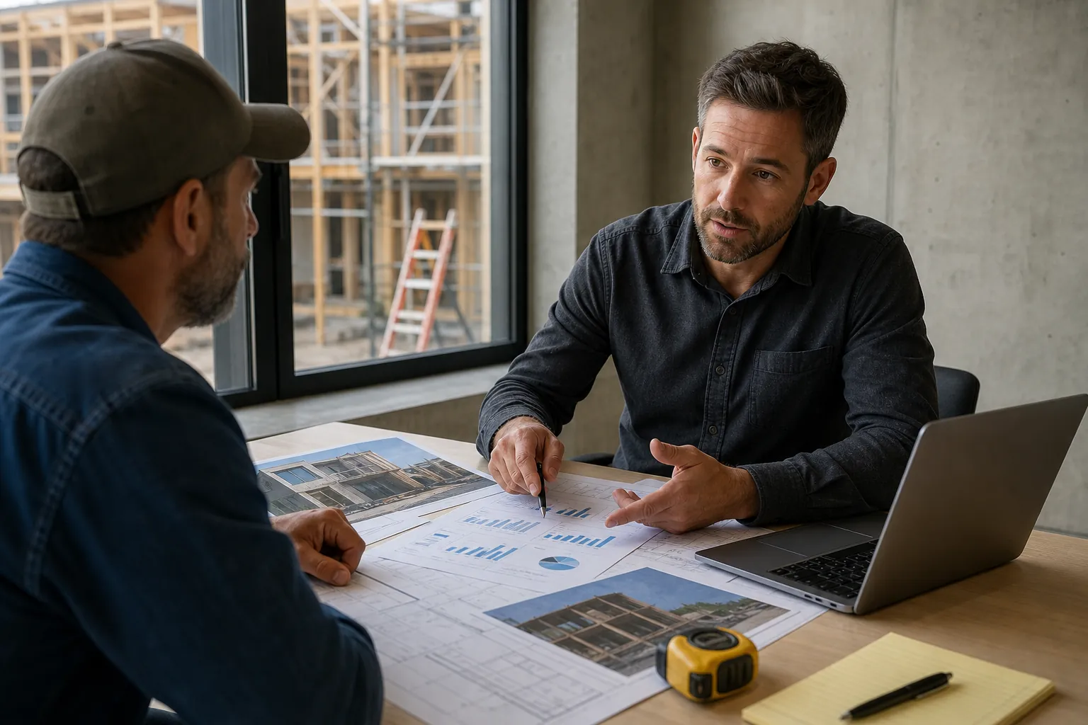 Contractor Meeting to Review Charts and Building Plans Two men discuss printed charts and building plans at a table with a laptop and tape measure beside a construction site.