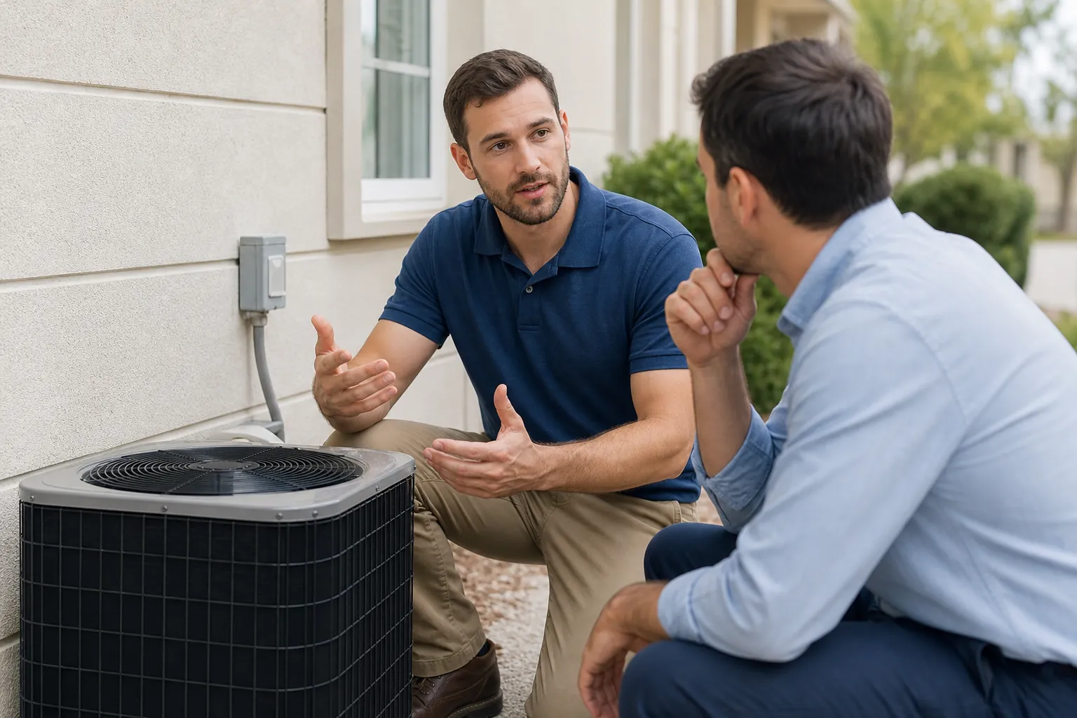 Two men crouch beside an outdoor air conditioning unit, with one gesturing as they discuss the equipment.