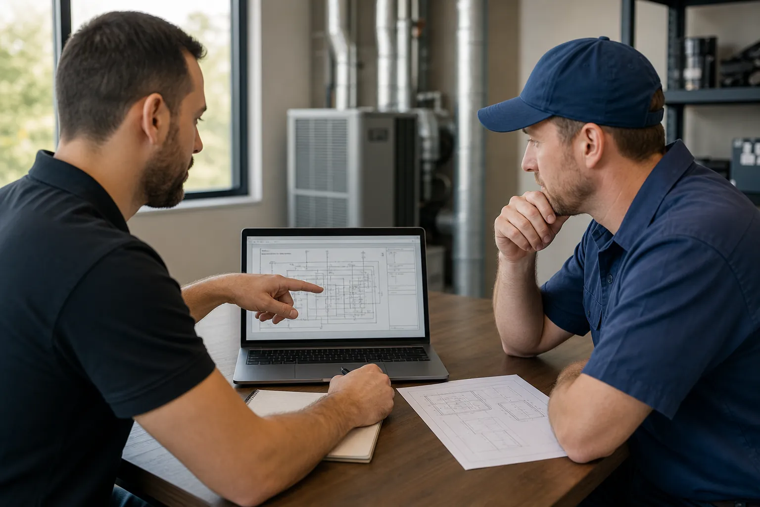Two men review technical drawings on a laptop and paper at a wooden table, with HVAC equipment and ductwork behind them.